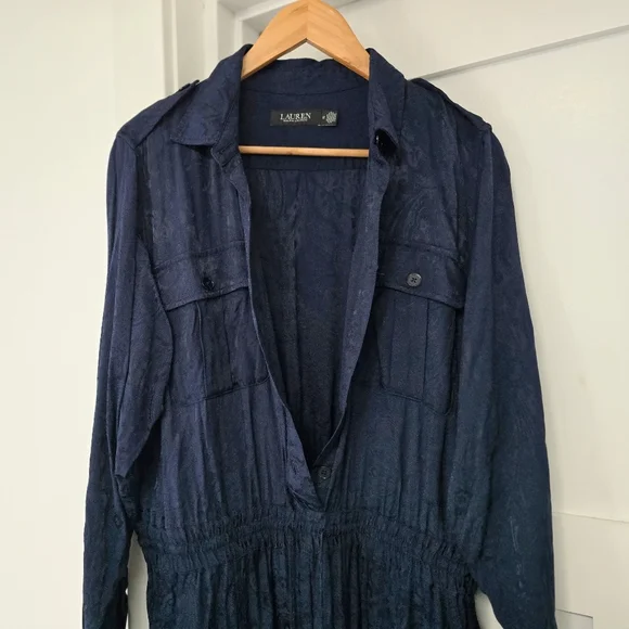 LRL Paisley Jacquard Button Down Long Sleeve Jumpsuit in Navy - Picture 8 of 12